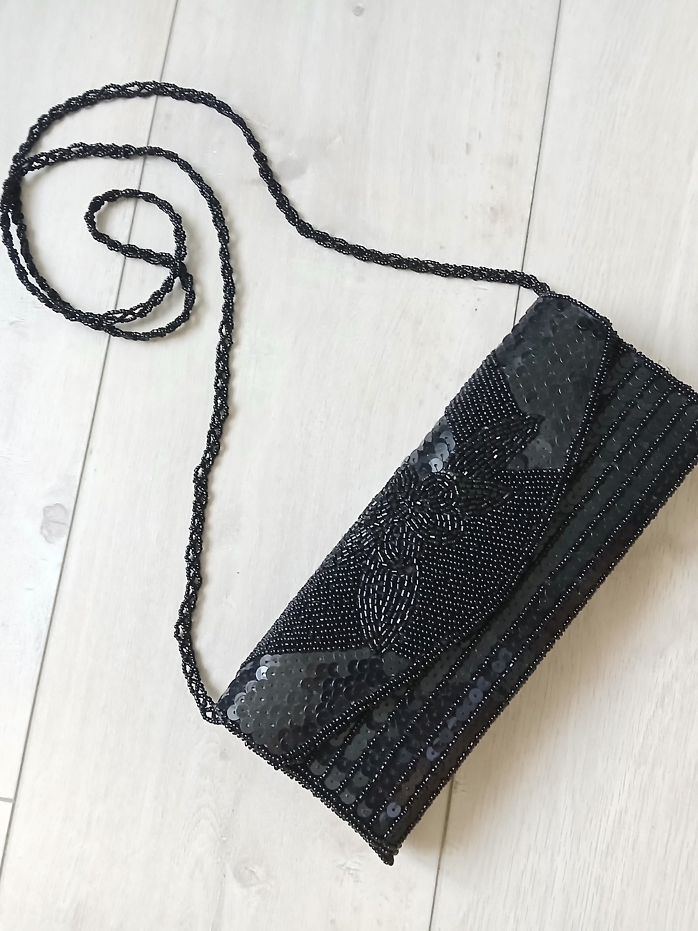 Vintage  black  beaded  flower clutch/ bag, bow, 9x4, with beaded strap, mint